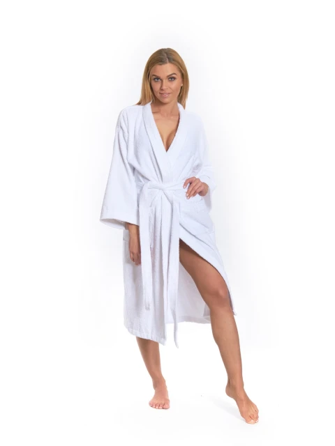 Dámský  bavlněný župan model KIMONO s výšivkou 01 White