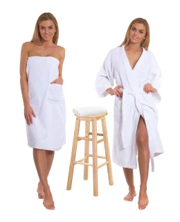 Sada White: župan KIMONO s výšivkou + dámský saunový kilt + osuška