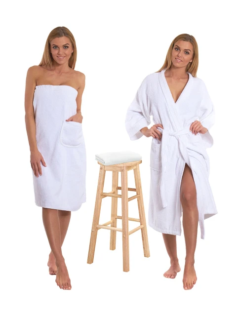 Sada White: župan KIMONO s výšivkou + dámský saunový kilt + osuška
