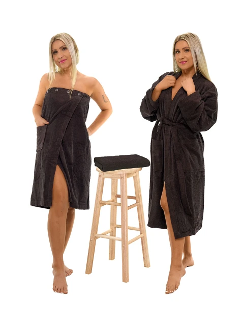 Sada Black Chocolate: župan KIMONO + dámský saunový kilt + osuška