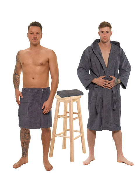 Sada Dark Grey: župan s kapucí + pánský saunový kilt + osuška