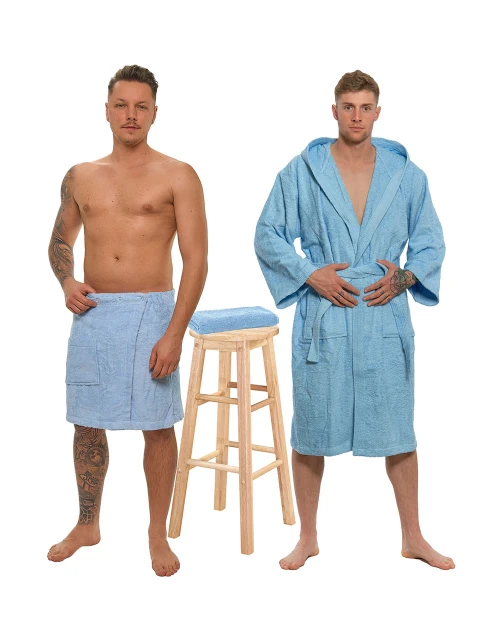 Sada Light Blue: župan s kapucí a výšivkou + pánský saunový kilt + osuška