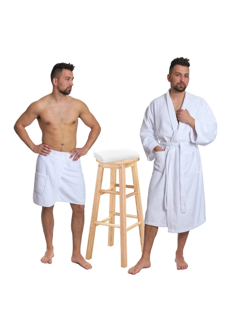Sada White: župan KIMONO + pánský saunový kilt + osuška