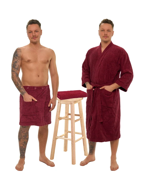Sada Bordeaux: župan KIMONO + pánský saunový kilt + osuška