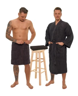 Sada Black Chocolate: župan KIMONO s výšivkou + pánský saunový kilt + osuška