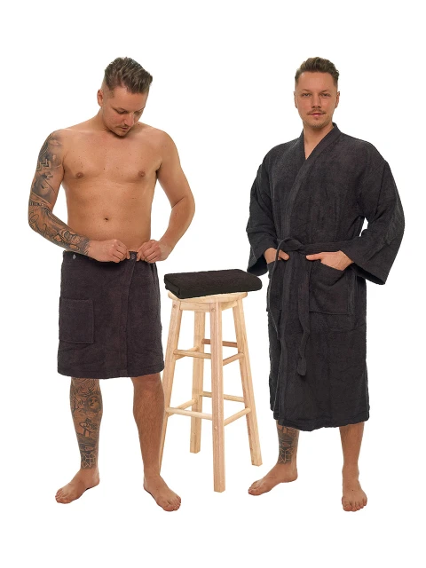 Sada Black Chocolate: župan KIMONO s výšivkou + pánský saunový kilt + osuška