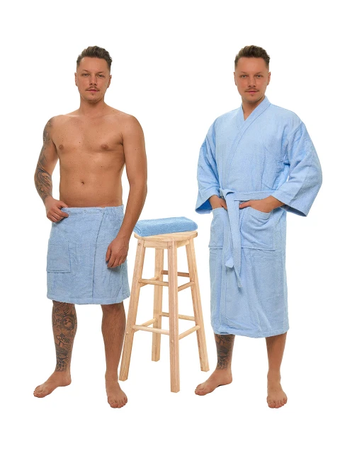 Sada Light Blue: župan KIMONO s výšivkou + pánský saunový kilt + osuška