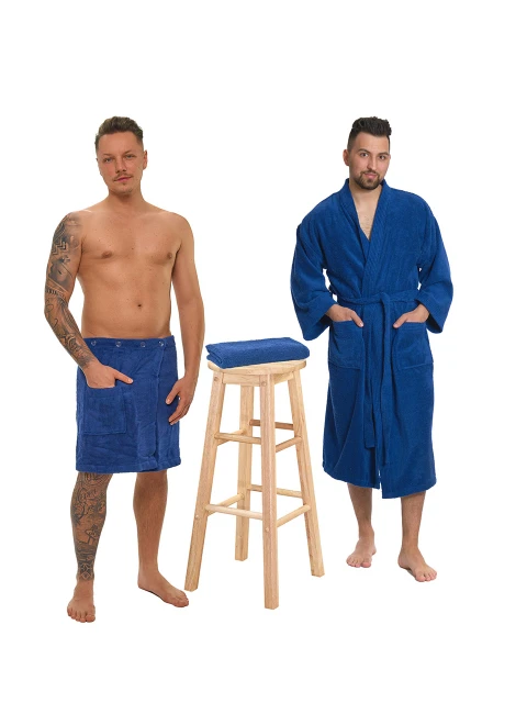 Sada Navy Blue: župan KIMONO s výšivkou + pánský saunový kilt + osuška