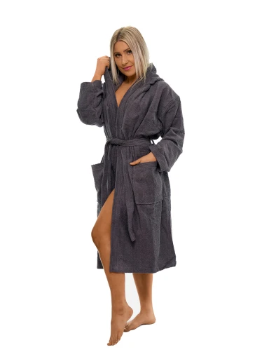 Dámský bavlněný župan s výšivkou a kapucí 02 Dark Grey