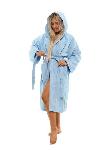 Dámský bavlněný župan s výšivkou a kapucí 06 Light Blue