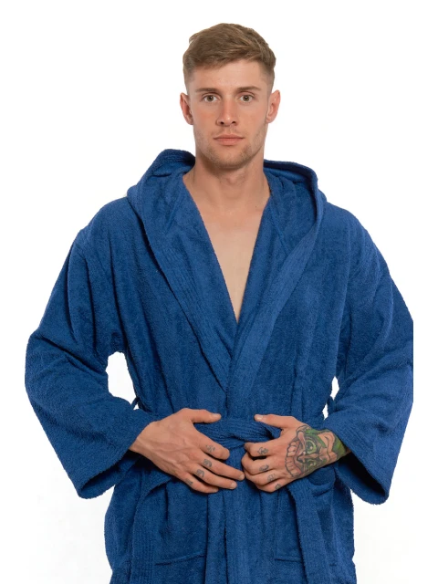 Pánský bavlněný župan s výšivkou a kapucí 03 Navy Blue